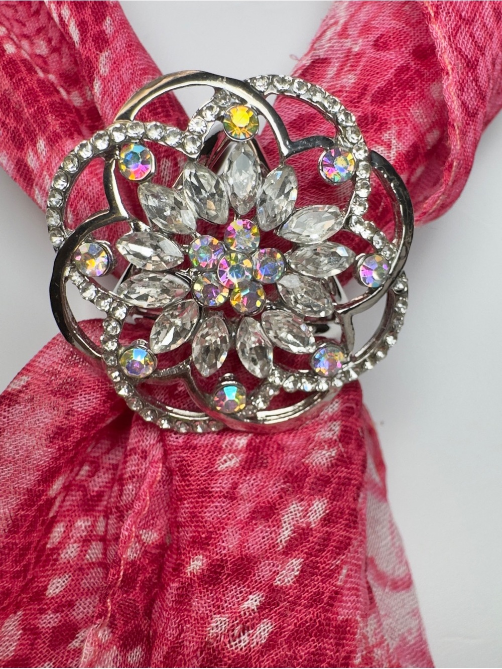 Decorative Scarf Ring with Crystal Accent and Pink Scarf
